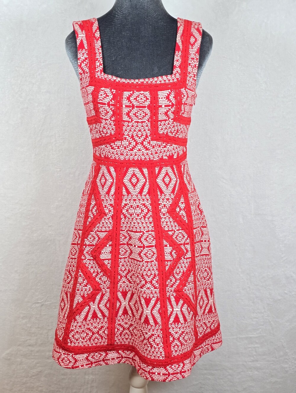 Maeve Emma Geometric Fit-Flare Embroidered Knit Dress Sz.0 Crochet Sleeveless - Picture 2 of 14